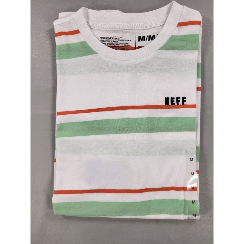 Neff Men's Striped T-Shirt Size M - White with Green & Orange Stripes - Cotton B